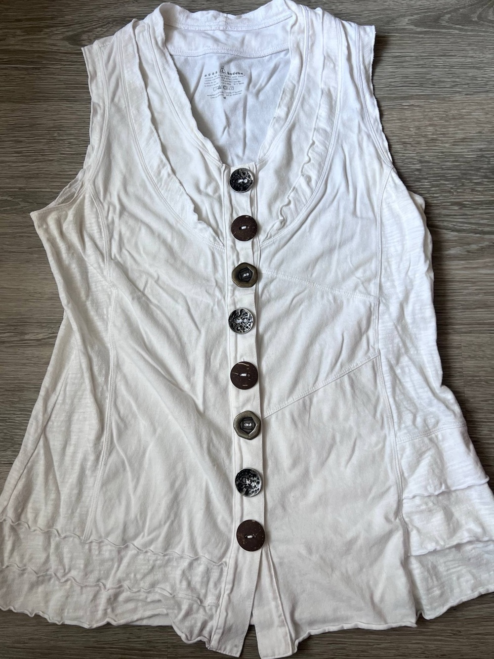 neon buddha White Sleeveless Button-Front Tank with Decorative Buttons